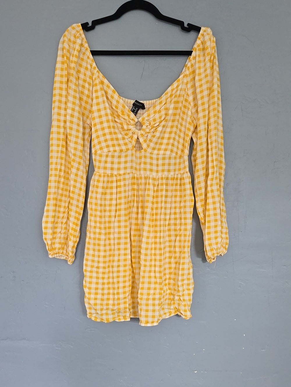 Forever 21 Yellow Gingham Long-Sleeve Mini Dress with Tie Front